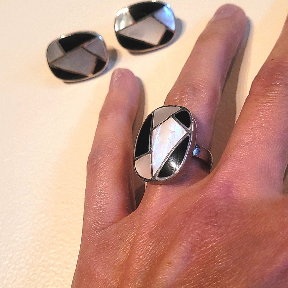 Onyx and Mother of Pearl Ring and Earrings Set in Sterling